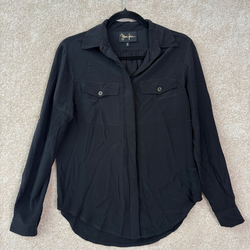 YUMI KIM 100% Silk Button Down Women's Small Black Blouse Luxury Minimalist